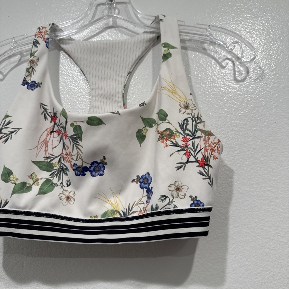 Athleta Contender Track White Floral Print Sports Bra Size Small Gym Workout - Picture 2 of 7